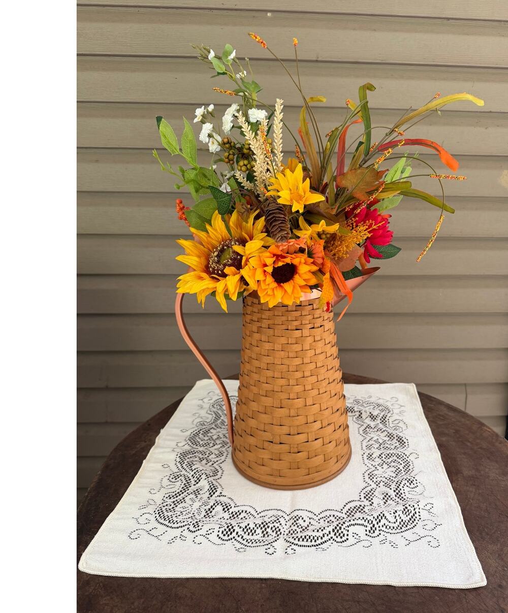 RARE Longaberger 2006 Copper Pitcher Basket Centerpiece Handmade Floral & Doily